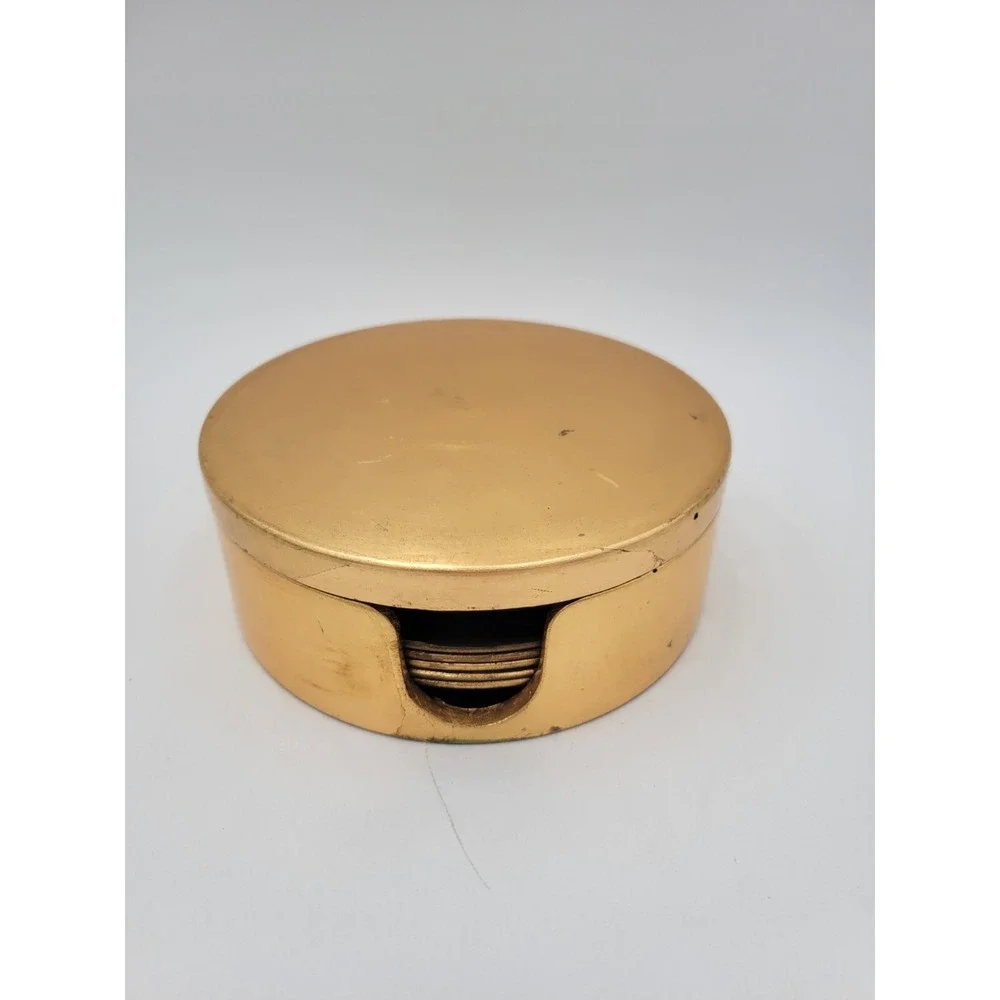 Vintage Gold & Black Lacquerware 5 Appetizer Snack‎ Plates In Holder